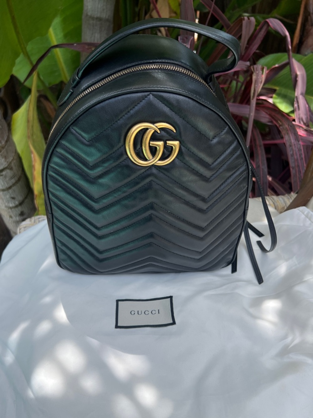 Gucci Marmont Black Chevron Leather Backpack with Gold GG. Authentic